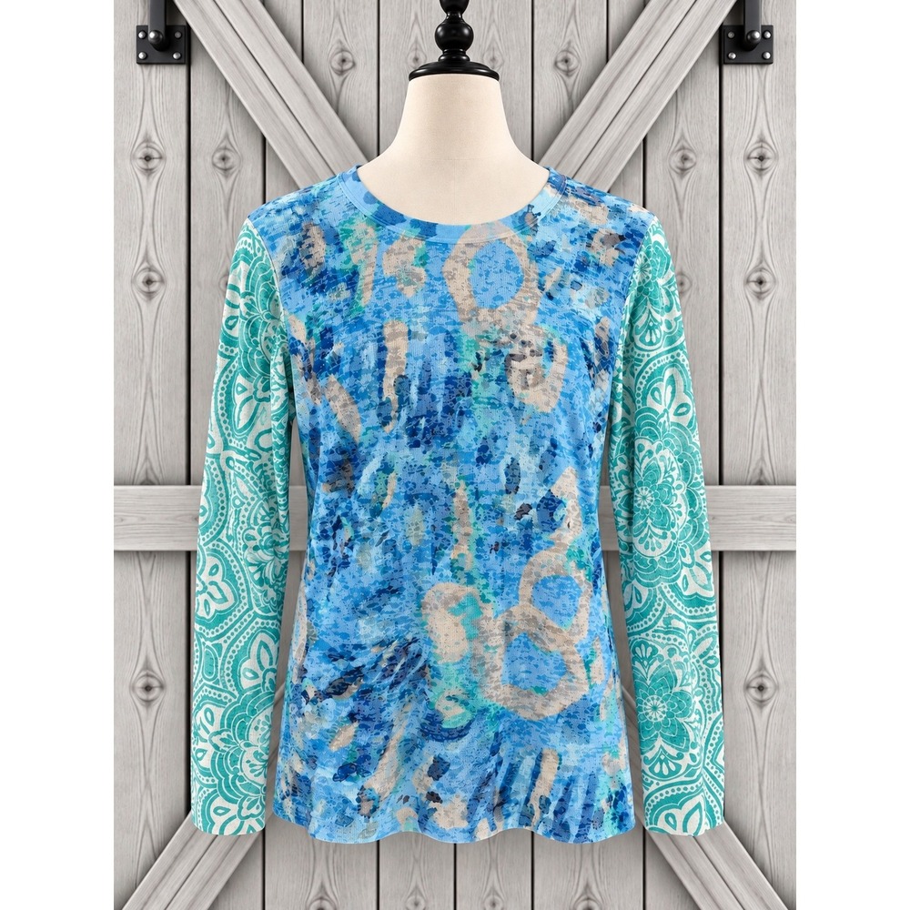 Before + Again Sundance Burnout Long Sleeve Top XL Blue Abstract Contrast Sleeve